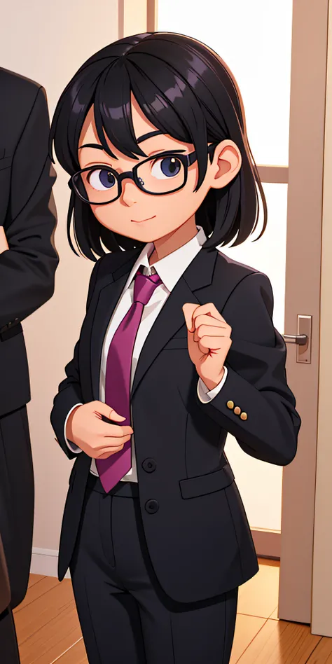 Real estate agent sales、recommending properties、20-year-old girl、Black suit、eye glasses、Backlight illumination、background cute room