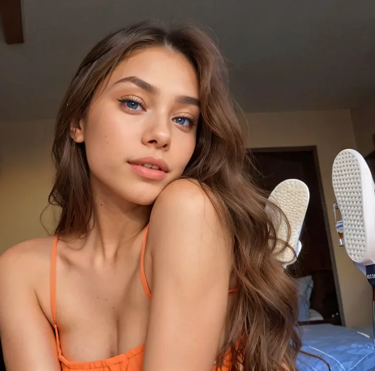 araffed woman in orange top laying on bed with her legs crossed, madison beer, soft devil queen madison beer, madison beer girl portrait, cindy avelino, violet myers, portrait sophie mudd, gorgeous latina face, :: madison beer, instagram model, beautiful m...