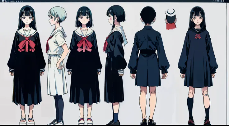 girl with,1 persons, 18year old,Cool, Standing Girl, three sided view, front, Back and sides, Character Sheet,Full body,Simple background,design sheet,female students,a sailor suit,murky,Nightmare, Night,Junji Ito