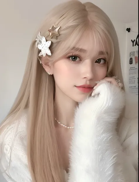 A closeup of a woman with long hair wearing a white sweater, branco hime corte penteado, longos cabelos brancos e franja, penteado liso, cabelo comprido com franja completa, Ulzzang, cabelos longos com franja, cabelos lisos longos e brancos, com cabelos lo...