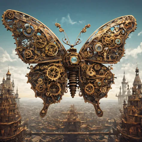 Step into a world of mechanical marvels with this digital artwork prompt featuring a steampunk-style city landmark. The artists mastery of digital techniques brings to life a colossal butterfly, constructed entirely out of intricately designed mechanical g...