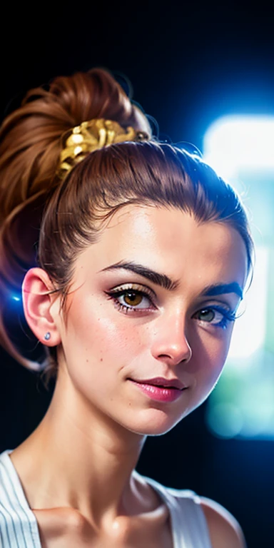 Photo of a 15-year-old European girl, .RAW, beautiful woman, (Light brown hair ponytail) peinado de cola de caballo, pecas en mejillas  , linda sonrisa , gran sonrisa , ((retrato)), ((Cara detallada:1.2)), ((Detailed facial features)), (Piel finamente deta...