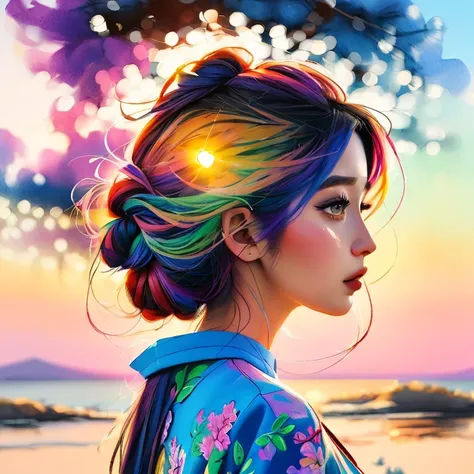 a woman with a colorful painting on her face and a sunset in the background, beautiful art uhd 4 k, art of alessandro pautasso, watercolor detailed art, a beautiful artwork illustration, beautiful gorgeous digital art, japanese art style, side profile artw...