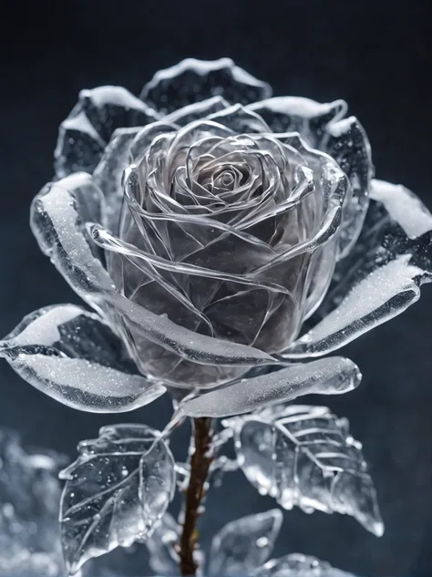 transparent rose made of ice,All transparent, photoRealstic, transparent crystal jelly, icy, extremely detailed and lifelike,  Design, acrylic, transparent plastic,all displayed , side glance, Intricate details, Beautiful,cleanness, all displayed, Detailed...