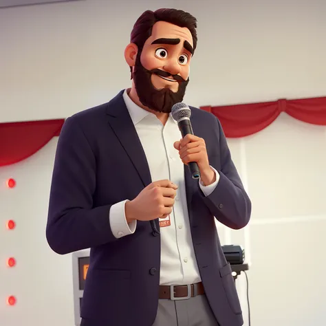 Pode melhorar barba mais rala com uns fios brancos, Make the full body appearing white red shoes. Man stands on black background on a speaker-like stage with microphone in one hand and book in the other in Disney pixar style best quality, maior qualidade.