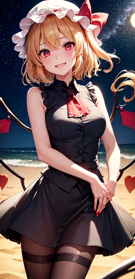 best quality, masterpiece, highres, solo, {night:1.10}, {starry sky:1.10}, beach, beautiful detailed sky, {extremely detailed background:1.20}, {flandre_scarlet_touhou:1.15}, {standing:1.10}, looking at viewer, {bikini:1.30}, blonde_hair, wings, red_eyes, ...