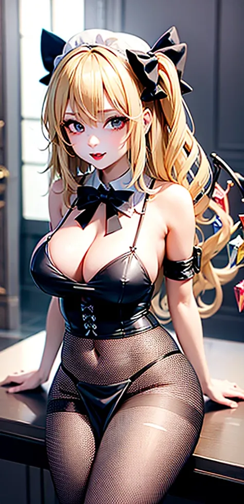 masterpiece, best quality,    1girl, blonde hair, mob cap, hair bow,long hair,wedding dress, huge breasts, cleavage, wings, fishnet, goth, black lipstick, fishnet dress, fishnet pantyhose