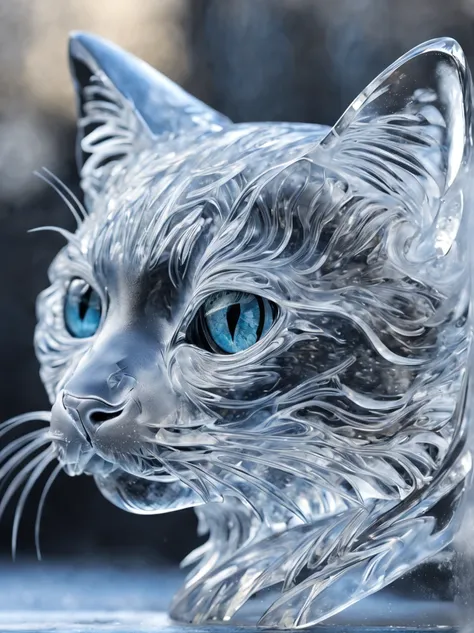 beautiful cat made of ice,All transparent, Hyper-realistic, transparent crystal jelly, icy, extremely detailed and lifelike, designs, acrylic, transparent plastic,all displayed , side glance, Intricate details, Beautiful,all displayed, Detailed, Frost,Fant...