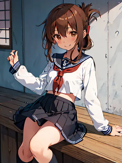 best quality, masutepiece, hight resolution, solo, {inazuma_kantai collection:1.15}, brown_hair, folded_ponytail, brown_eyes, se...