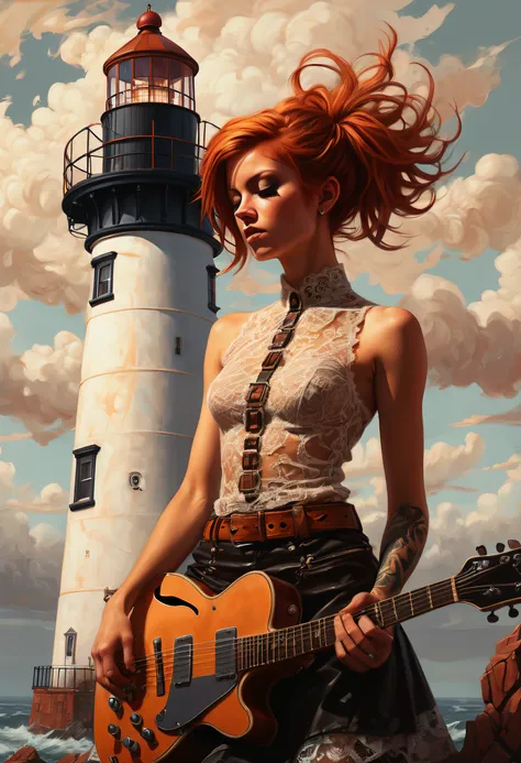 oil painting, unity engine, award winning, aerial shot of an elegant punks (female:1.2) composing music, the girl is intricate, ...