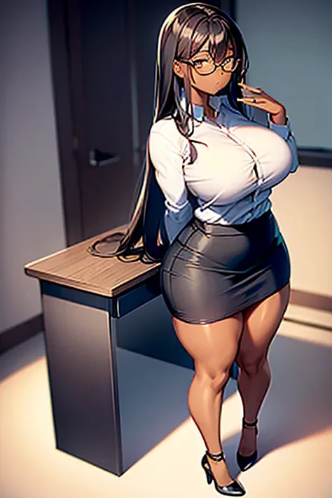 Dark skin, pencil skirt, dark body, teacher, yellow eyes, white hair, mini-skirt, large breasts, breasts, thick thighs, glasses, long hair, white shirt, serious, 1girl, (full body), full body, classroom, from behind, ass, miniskirt