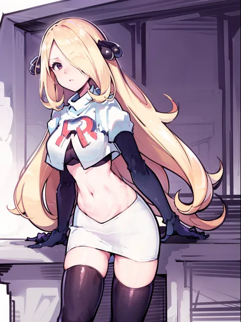 cynthia (pokemon),team rocket,team rocket uniform,white skirt,crop top,black thigh-high boots,black elbow gloves,