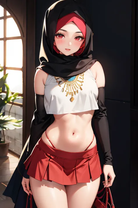 Hijabi, 1girl, parted lips, blush, makeup, light smile, red eyes, crop top, skirt, light rays, glow, thighs, collarbone, narrow waist, (masterpiece), wallpaper,