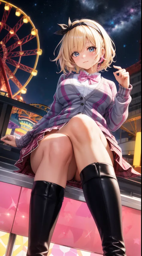 1girl, solo, blonde hair, (streaky hair), scene hair, pink streaks, short hair, large breasts, headband, sitting, ferris wheel in background, amusement park, night, starry sky, nebula, holding plushie, tinkle lights, ray tracing, chromic abberation, pink p...