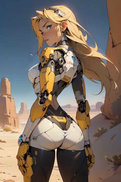 high quality, 4k, masterpiece, beautiful, cyborg girl, cowboy shot, dull eyes, back side, turning around to look at viewer, long blonde hair, girl, small breasts, fit thigh, robotic arms, robotic body, cyborg body, yellow accent, redaccent, intricate detai...