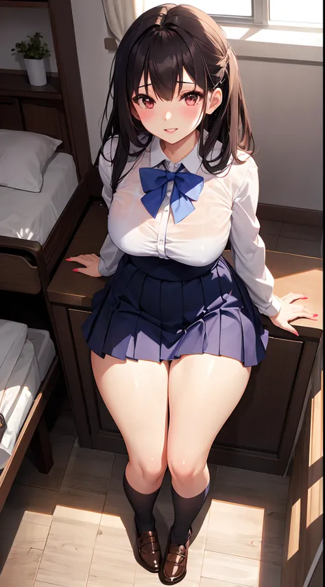 1girl in, Parted lips, blush, makeup, lightsmile, School uniform, Full body, Wide Angle, From  above, crass room, llight rays, Glow, thighs thighs thighs thighs, 鎖骨, Narrow waist, (masutepiece), Wallpaper,Sheer blouse