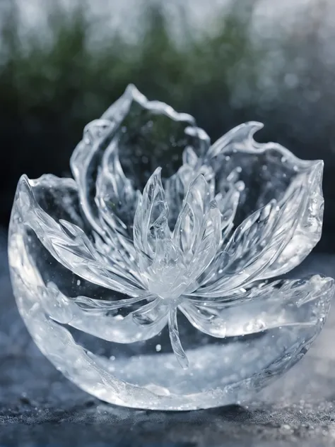 transparent flower made of ice,all the ice,,((cleanness)), Beautiful fece,photoRealstic, transparent crystal jelly, icy, extremely detailed and lifelike,  Design, acrylic, transparent plastic,all displayed , side glance, Intricate details, Beautiful,((clea...