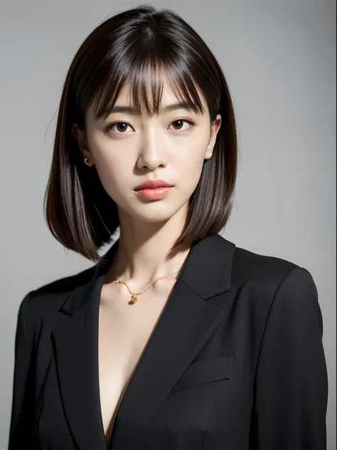 （best qualtiy，8K，32K，tmasterpiece，hyper HD：1.2），Beautiful Japan woman in the photo，Very small bust，Light brown bob hair，highlights hair、full body Esbian，，slender，sface focus，Black Suit，No Underwear，a necklace，piercings、simple background、looking at viewert，