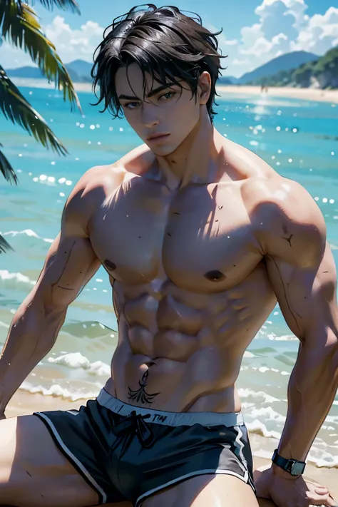 （tmasterpiece，ultrahigh resolution，16K UHD，Alta calidad），Low tuning，cabello negro, Machos distantes, Costa, (Dormir en el asiento trasero del coche)，cuerpo completosbian，Camisa, swimming trunks，tmasterpiece，（with short brown hair），ojos grises，muscle, (Clip...