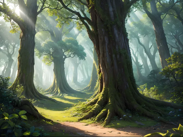 photorealistic image of an ancient forest where the trees seem to reach the sky. The leaves should be so detailed that every single one is distinguishable, and sunlight filters through the dense canopy.