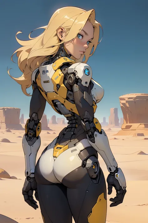 high quality, 4k, masterpiece, beautiful, cyborg girl, cowboy shot, dull eyes, back side, turning around to look at viewer, long blonde hair, girl, small breasts, fit thigh, robotic arms, robotic body, cyborg body, yellow accent, redaccent, intricate detai...