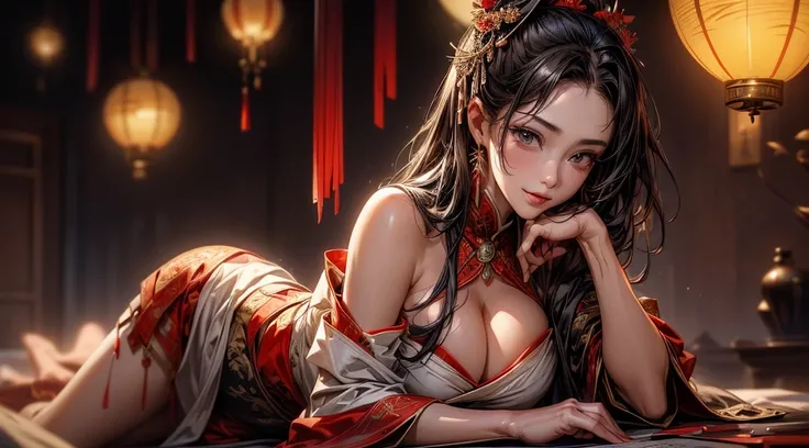 (((8k wallpaper of extremely detailed CG unit, ​masterpiece, 超A high resolution:1.2, top-quality:1.2, masutepiece, textures and maximum detail))), ((extremely beautiful lady, seductively smiling, A dark-haired, Sexy white kimono with red obi)), ((extremely...