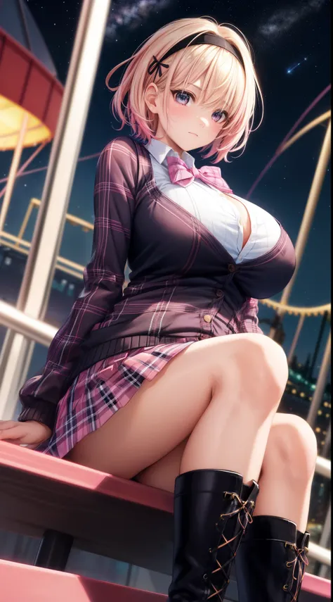 1girl, solo, blonde hair, (streaky hair), scene hair, pink streaks, short hair, huge breasts, headband, sitting, ferris wheel in background, amusement park, night, starry sky, nebula, holding plushie, tinkle lights, ray tracing, chromic abberation, pink pl...