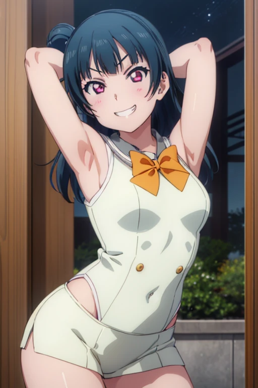 (((pixel-perfect, detail-perfect))), solo, 1girl, yoshiko tsushima, uranohoshi school uniform, bowtie, looking at viewer, smug, dynamic pose, arms behind head, contrapposto, spread armpit forest, night, cowboy shot, grin,