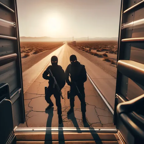 there are two men standing in the doorway of a truck, fps view, escape from tarkov, octane highly detailed cinematic, fps game, soldiers, created in unreal engine 5, made in unreal engine 5, fps shooter game, swat, squad fighting enemy, high speed chase, h...