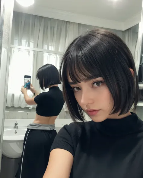 there is a woman taking a picture of herself in the mirror, con pelo corto con flequillo, Ella tiene el pelo negro con flequillo, Pelo negro corto con flequillo, cabello blackbangs cabello, con el pelo corto, french bob hair, Cabello negro bob, Cabello neg...