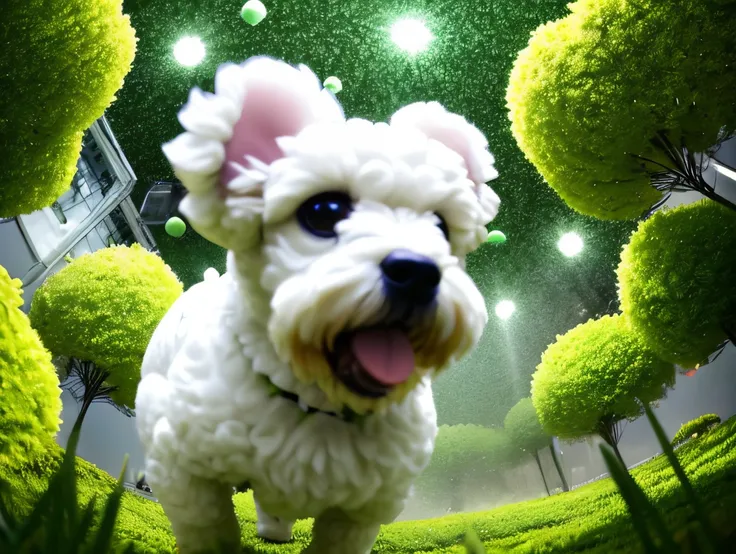 Extreme low angle shot of tiny white toy poodle jumping high in the sky, surrounded by exploding colour bombs of green and white, light in the scene giving a green and white colour, cinematic lighting, artgerm style, 32k, ultra HD, unreal engine rendered, ...