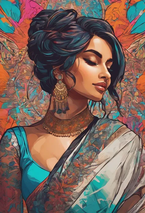 Close-up of an Indian woman in sari, Digital illustration style, Digital Illustration Portrait, Trends in Artstration, in the art style of bowater, detailed portrait of anime girl, digital anime illustration, Painted in the style of Artgerm, Portrait of Ma...