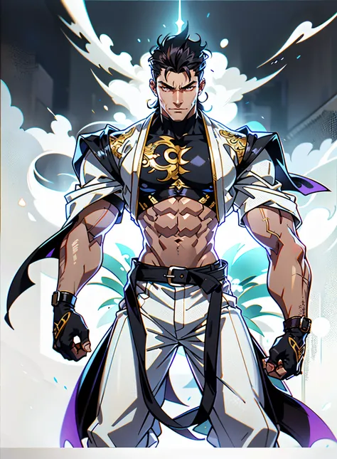 A young man, dense black-gold long hair, standing tall with upright hair, a majestic countenance, confident gaze, a scar under the eyes, a hearty smile, a fantasy-realistic tattered half-length martial arts outfit, short-sleeved, open-front robe revealing ...