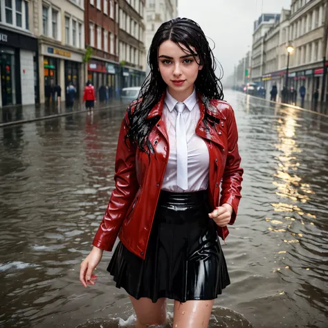 woman in a red leather jacket and skirt standing in the water, wet look, she is wearing a wet coat, on a wet london street, pret...