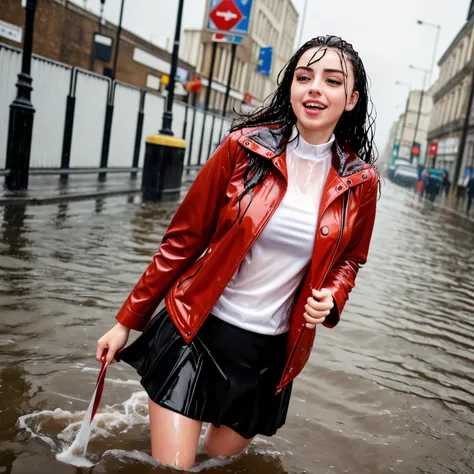 woman in a red leather jacket and skirt standing in the water, wet look, she is wearing a wet coat, on a wet london street, pretty girl standing in the rain, dressed as schoolgirl, charli bowater, wearing jacket and skirt, wearing atsuko kudo latex outfit,...