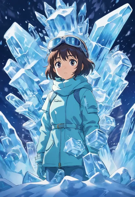 (((Ice sculpture))) A female character amidst the chaos of a DDOS attack, her eyes concealed behind a snow-covered visor. She stands resolute in a dystopian world where pandemonium unfolds before her. This artwork combines the unique styles of cartoons and...