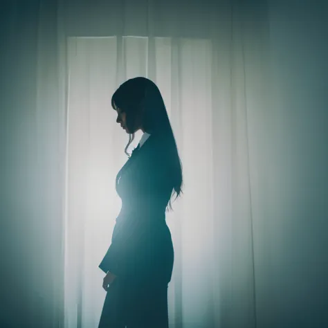 Silhouette of a woman in a suit through a veil