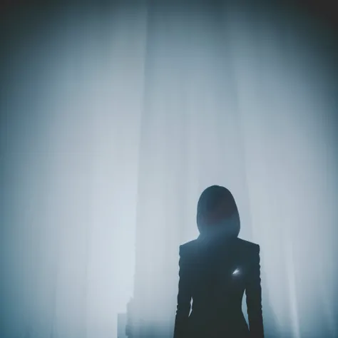 Silhouette of a woman in a suit through a veil