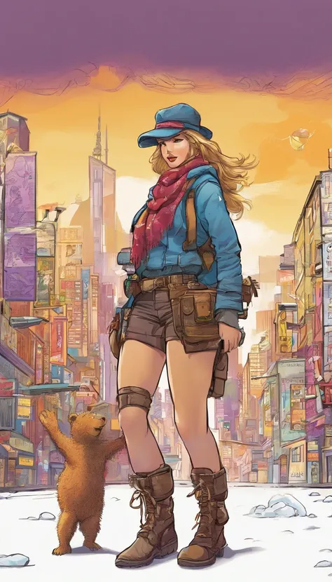 Image of a almost naked busty girl wearing a hat and scarf, With a shotgun in her hand，trends in art station，Wear punk clothes，Ultra-realistic photographic art，Urban style，intimidating pose，Planet of polar bears，fashionable attire，urbansamurai，Polar bears，...