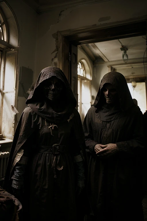 ultra realistic, meeting of several people with skull appearances with black medieval style capes covering their bodies in an abandoned castle