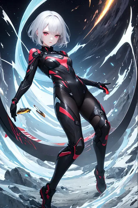 top-quality、Top image quality、​masterpiece、超A high resolution、Android Beautiful Girl、sixteen years old, Cybersuit glowing black, Red energy source on the chest、silvery shiny hair、short-haired,Red eyes、A slender、The face is depicted in detail、Eyes are drawn...