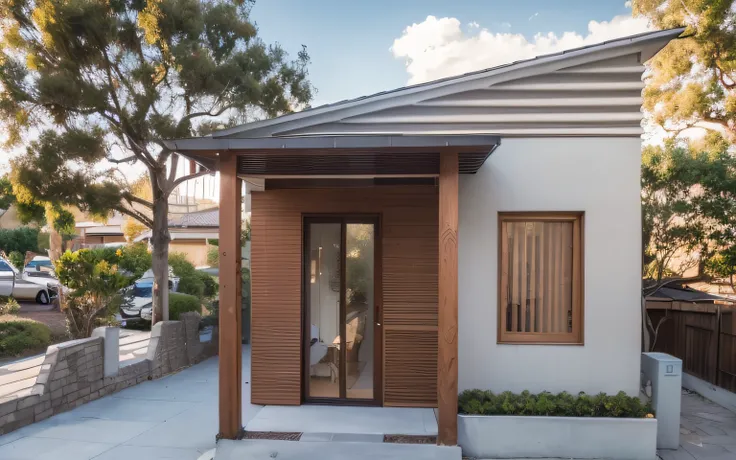 close up of a small house with an apricot tree in the background in front of the house, front view, pristine design, corrugated iron roof and clean, exterior design, elegant design, clean and simple design , 2023 wide angle exterior, clean and pristine des...