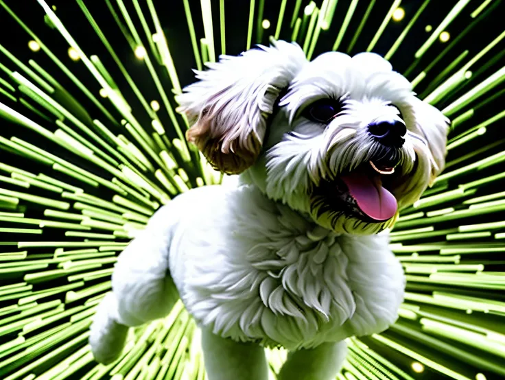 Extreme low angle shot of tiny white toy poodle jumping high in the sky, surrounded by exploding colour bombs of green and white, light in the scene giving a green and white colour, cinematic lighting, artgerm style, 32k, ultra HD, unreal engine rendered, ...