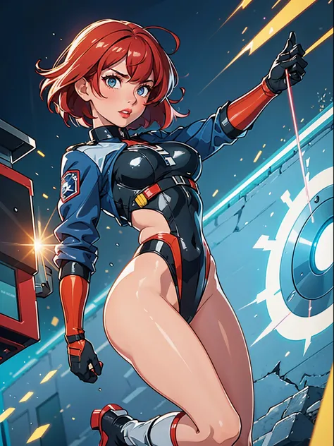 Solo, (Police Uniform, Policewoman), leotard, bare legs, superhero, boots, Lips Apart, Red Lips, Shiny Skin, Skin Dents, Best Quality, Ultra High Resolution, Red hair, Bob hair, short hair, standing, perfect anatomy, perfect hands, BREAK, using her powers,...