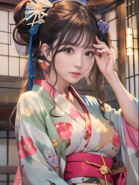 long ponytail, eyes are brown, woman with black hair、sexy facial expression、wearing a kimono that is revealing enough to show yo...