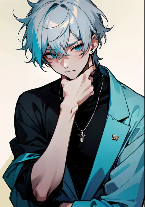 Male character, solo, upset, interactive with viewers, talking, kpop style, two block haircut, two side hair, light grey hair, silver hair, short but messy hair, light blue eyes, cyan eyes, man earrings, black turtleneck sweater, men necklace, popular, ner...