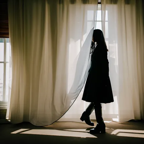 Silhouette of a high school girl wearing a suit and long boots through a veil