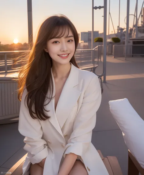 ((of the highest quality, 8K, masutepiece: 1.3)), Beautiful Girl, pure, gentle and cute, Sweet smile, Slender body, (Facing the camera), (tilts head), colorful casual suits , Medium Hair, Light brown hair、Long flowing shoulders, Big round black eyes, Big c...