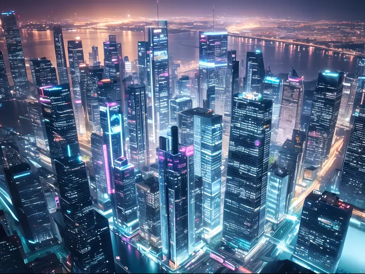 Create a hyperrealistic urban landscape at sunset, with dazzling city lights reflecting on a calm, mirror-like river. The scene should be set in a futuristic, cyberpunk city with neon signs and flying vehicles.