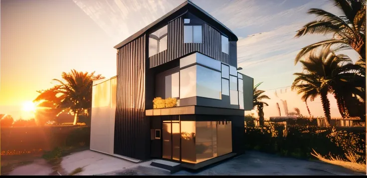 small house, fmodern design architecture, street background , golden time, sunset, modern design, realistic, Realistic Lights, Masterpiece, High Quality, Beautiful Graphics, High Detail, Global Illumination, Unreal Engine Rendering, Octane Rendering (HDR: ...